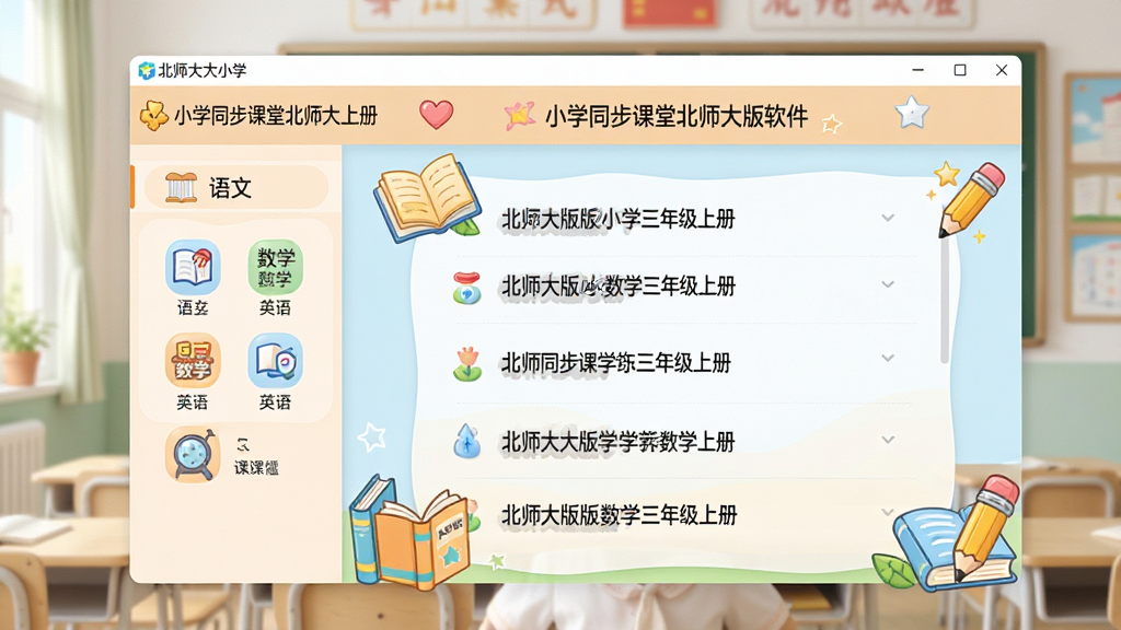 一张展示小学同步课堂北师大版软件界面的图片,画面中央是软件主界面,左侧导航栏有语文数学英语等科目图标,右侧显示北师大版小学数学三年级上册课程列表,界面风格清新活泼,色彩明亮柔和,带有卡通书本和铅笔装饰元素,画质清晰,干净整洁,无多余元素