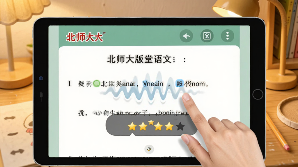 小学同步课堂北师大版软件中电子课本点读功能界面,屏幕显示北师大版语文课本页面,有手指点击句子后弹出的发音波浪线和跟读评分星星,背景是温暖的书桌场景,画质清晰,干净,无多余元素