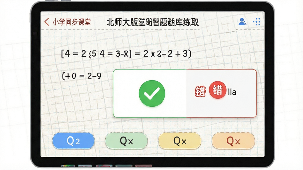 小学同步课堂北师大版智能题库练习界面,屏幕上显示一道北师大版数学应用题,下方有四个选项按钮,答题后弹出绿色对勾和红色错号解析框,界面背景有淡淡的网格纸纹理,画质清晰,干净,无多余元素
