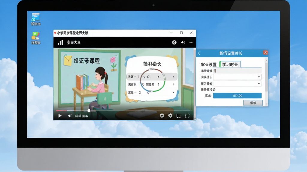 小学同步课堂北师大版软件运行界面截图,画面中电脑屏幕显示课程播放窗口,旁边有家长设置学习时长的弹窗,桌面背景是蓝天白云,画质清晰,干净,无多余元素