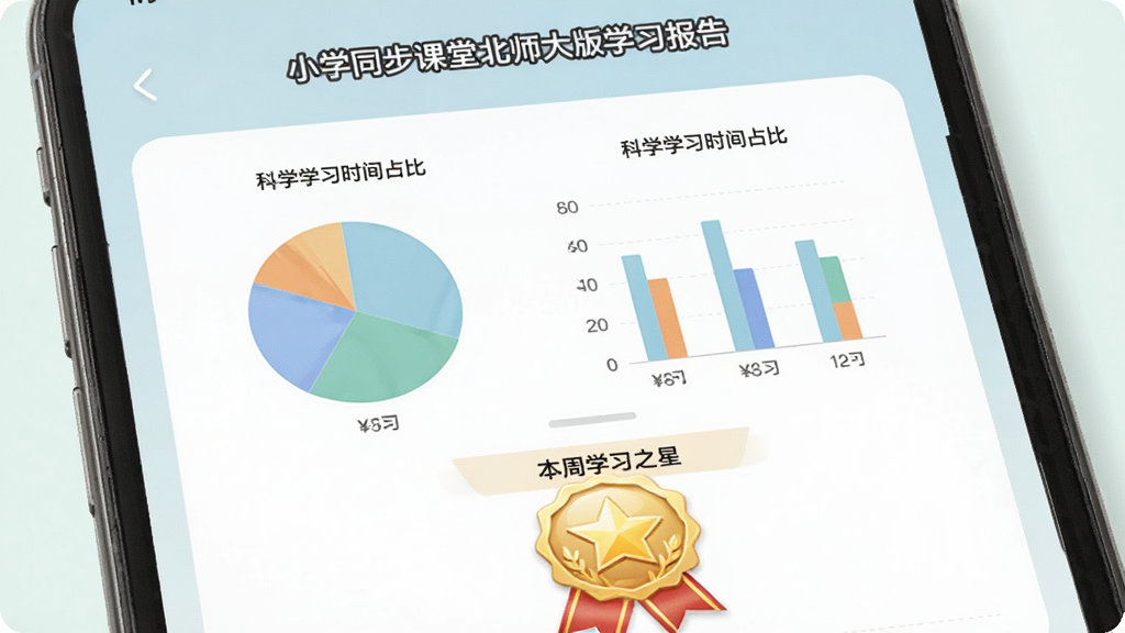 小学同步课堂北师大版学习报告页面,手机屏幕上显示饼状图和柱状图展示各科学习时间占比,下方有“本周学习之星”奖章,界面配色柔和,风格清新,画质清晰,干净,无多余元素