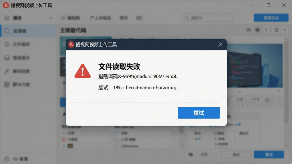一张展示播视网视频上传工具错误提示与解决方案的示意图,主体是软件弹窗显示“文件读取失败”错误,布局为弹窗居中、背景为软件主界面,排版包含错误代码和“重试”按钮,风格为写实软件截图风,细节包括“播视网视频上传工具”窗口标题、红色警告图标、蓝色重试按钮,画质为高清,干净无多余元素