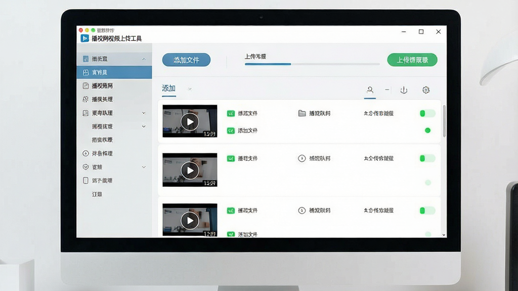 一张展示播视网视频上传工具软件界面的全景图,主体是电脑屏幕中打开的软件窗口,布局为左侧菜单栏与右侧上传队列列表,排版清晰展示添加文件按钮和上传进度条,风格为现代简约科技风,细节包括窗口左上角软件名称“播视网视频上传工具”、多个视频缩略图、绿色上传状态指示灯,画质为高清4K,干净整洁,无多余元素