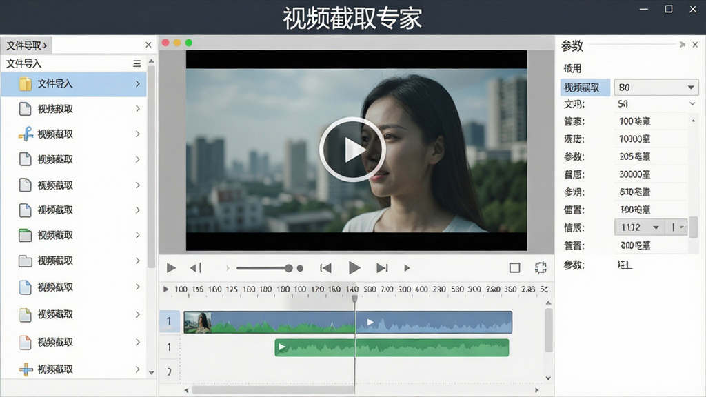 视频截取专家软件主界面展示,画面中央是视频预览窗口与时间轴剪辑条,左侧为文件导入列表,右侧为参数设置面板,整体布局清晰,风格简洁现代,界面中包含“视频截取专家”文字标识,画质干净清晰,无多余元素
