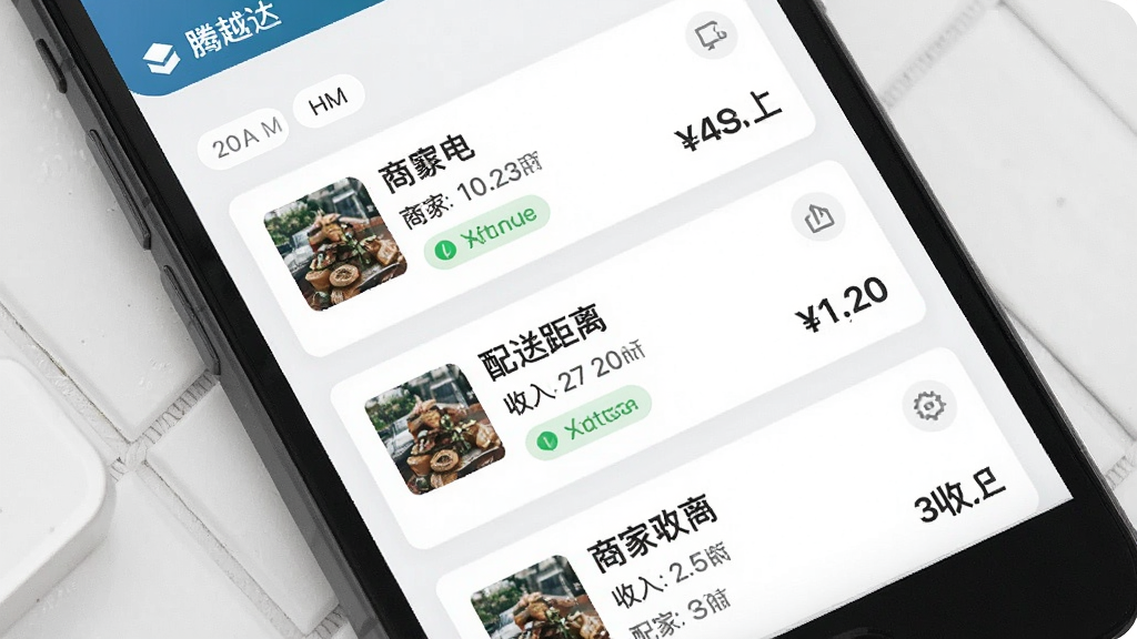 一张展示腾越达订单推送界面的预览图,画面主体是手机屏幕,屏幕上排列着多个订单卡片,每个卡片包含商家名称、配送距离和收入金额,布局整齐,排版清晰,风格为清爽简约的移动端UI风格,细节包括时间标签和状态提示,画质清晰,干净,无多余元素