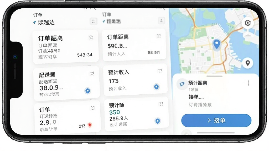 一张展示腾越达手机应用主界面的预览图,画面中央是手机屏幕,屏幕内显示订单列表、地图导航和接单按钮,布局清晰,排版简洁,风格为现代扁平化科技风,细节包括订单卡片、配送距离、预计收入等信息,画质清晰,干净,无多余元素