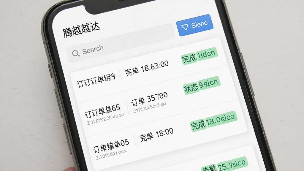 一张展示腾越达订单历史记录页面的预览图,画面主体是手机屏幕,屏幕上列出多条历史订单,每条包含订单编号、完成时间和状态标签,布局规整,排版清晰,风格为简约实用风,细节包括搜索框和筛选按钮,画质清晰,干净,无多余元素