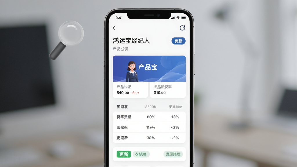 画面主体是手机屏幕展示“鸿运宝经纪人”产品资讯页面,页面中有产品卡片、费率表格、更新标签;布局为居中手机展示;排版整齐;风格为商务简约风;细节包括放大镜图标、刷新按钮、分类标签;画质高清,干净无多余元素。
