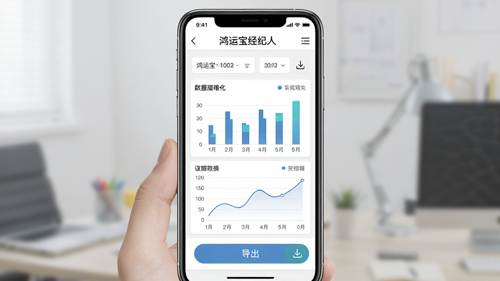 画面主体是手机屏幕显示“鸿运宝经纪人”数据报表页面,页面中有柱状图、折线图、导出按钮;布局为居中手机展示;排版清晰;风格为现代商务扁平风;细节包括日期选择器、数据标签、下载图标;画质高清,干净无多余元素。
