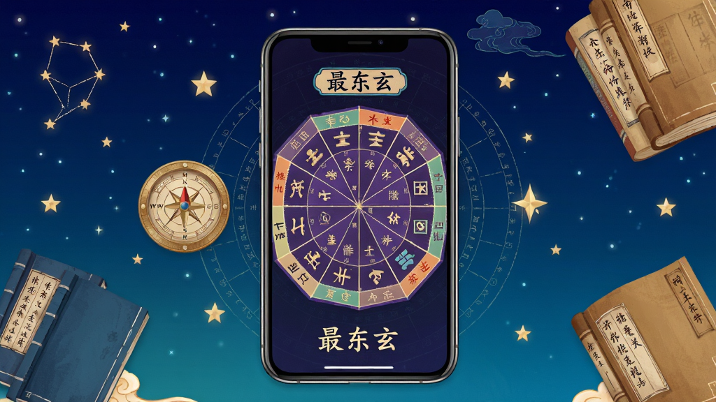 一张展示中国传统命理文化的插画,画面中央是一部智能手机,手机屏幕上显示着紫微斗数命盘图,十二宫格排列整齐,命盘周围环绕着星辰、罗盘、古书等元素,背景为深蓝色星空渐变,风格为国潮插画,细节精致,画质清晰,干净无多余元素,画面中文字标注“最东玄”