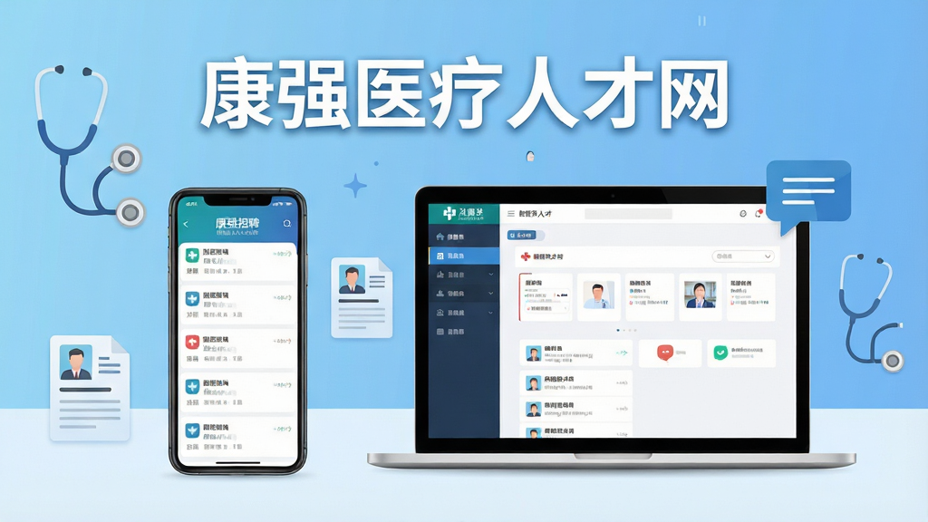 画面主体为一部智能手机和一台笔记本电脑并排展示,手机屏幕显示医疗招聘APP的职位列表界面,电脑屏幕展示医院招聘后台管理页面。布局采用左右对称的办公桌面场景,背景为浅蓝色渐变。排版上软件名称“康强医疗人才网”以白色粗体字居中置于画面上方。风格为现代扁平化科技风,细节包含听诊器、简历图标、对话气泡等医疗与招聘元素点缀。画质高清,画面干净,无多余元素。