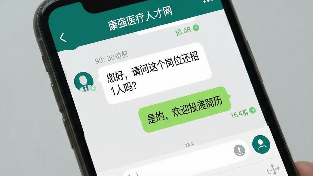 画面主体为手机聊天界面特写,显示招聘方与求职者的对话气泡,内容包含“您好,请问这个岗位还招人吗?”和“是的,欢迎投递简历”。布局采用竖屏手机展示,背景为浅灰色。排版上软件名称“康强医疗人才网”以顶部导航栏形式呈现。风格为真实社交软件截图风,细节包含消息时间戳、已读标记、输入框。画质清晰,画面干净,无多余元素。