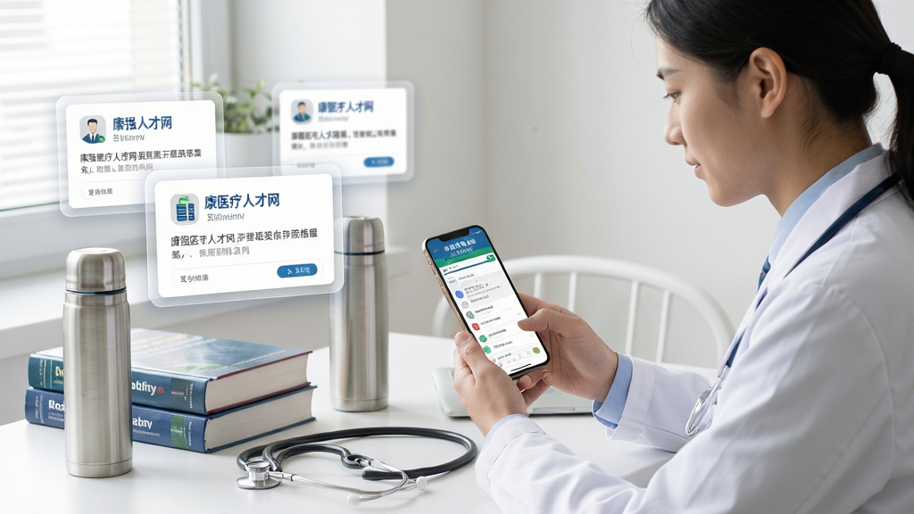 画面主体为一位身穿白大褂的年轻医生坐在诊室里用手机浏览招聘信息,手机屏幕显示“康强医疗人才网”的职位搜索页面。布局采用中景构图,人物位于画面右侧,左侧留白处叠加悬浮的职位卡片图标。排版简洁,风格为写实医疗职场风,细节包含桌上的医学书籍、听诊器、保温杯。画质清晰,光线柔和,画面干净,无多余元素。