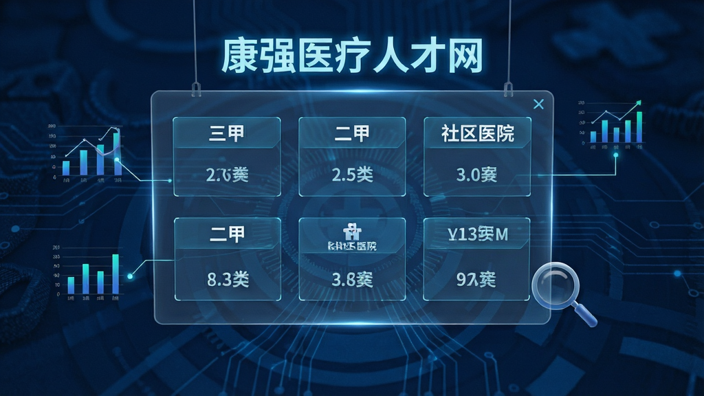画面主体为一块悬浮的透明信息面板,面板上以网格形式展示医院等级分类标签,如“三甲”“二甲”“社区医院”等,每个标签下方有对应的职位数量数字。布局采用中心放射状构图,背景为深蓝色科技纹理。排版上“康强医疗人才网”以发光字体出现在面板顶部。风格为数据可视化科技风,细节包含连接线、统计图表、放大镜图标。画质精细,画面干净,无多余元素。