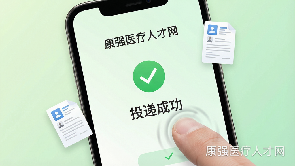 画面主体为手机屏幕特写,显示“康强医疗人才网”简历投递成功页面,带有绿色对勾图标和“投递成功”字样。布局采用居中构图,背景为柔和的浅绿色渐变。排版上软件名称以水印形式出现在屏幕右下角。风格为清爽UI展示风,细节包含手指点击屏幕的动效残影、漂浮的简历文档图标。画质高清,画面干净,无多余元素。