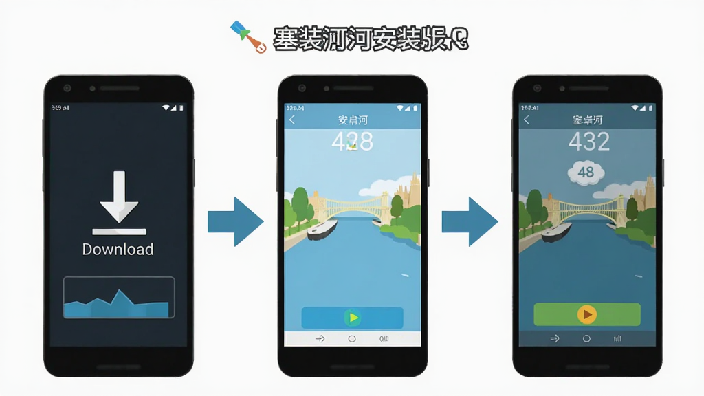 塞纳河48安卓版安装步骤示意图,画面展示手机屏幕上从下载到安装完成的三个步骤界面,带有箭头引导,背景简洁,风格扁平化,画质清晰干净