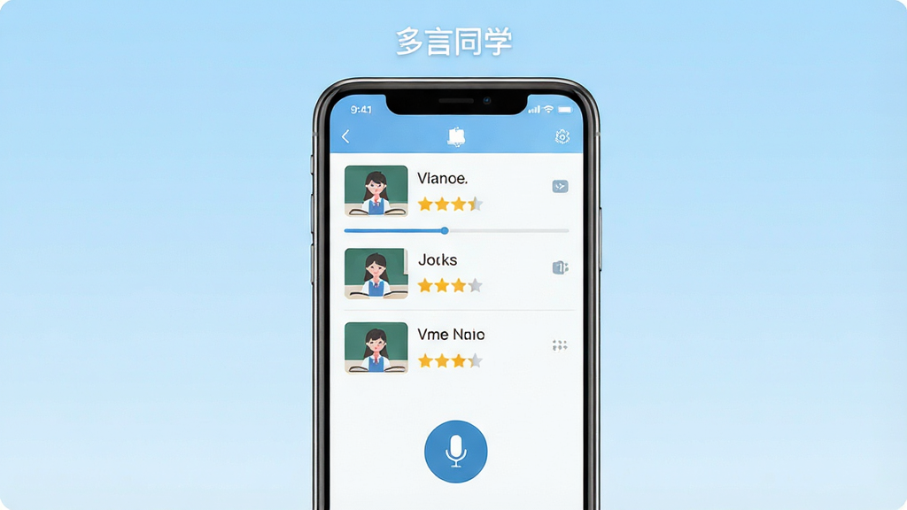 一张展示多言同学软件主界面的预览图,画面中央是手机屏幕,屏幕内呈现英语跟读课程列表与麦克风按钮,背景为浅蓝色渐变,排版简洁清晰,风格为扁平化UI设计,细节包括课程缩略图、进度条和评分星级,画质高清干净,无多余元素,屏幕上方标注文字“多言同学”。
