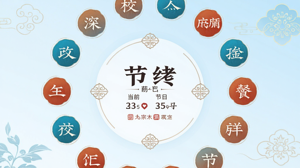 万宗万年历节气节日展示页面,画面中以圆形图标环绕排列二十四节气名称,中央突出显示当前节气与节日,背景为淡蓝色渐变,搭配简约中式花纹,风格清新雅致,排版均衡美观,画质明亮干净