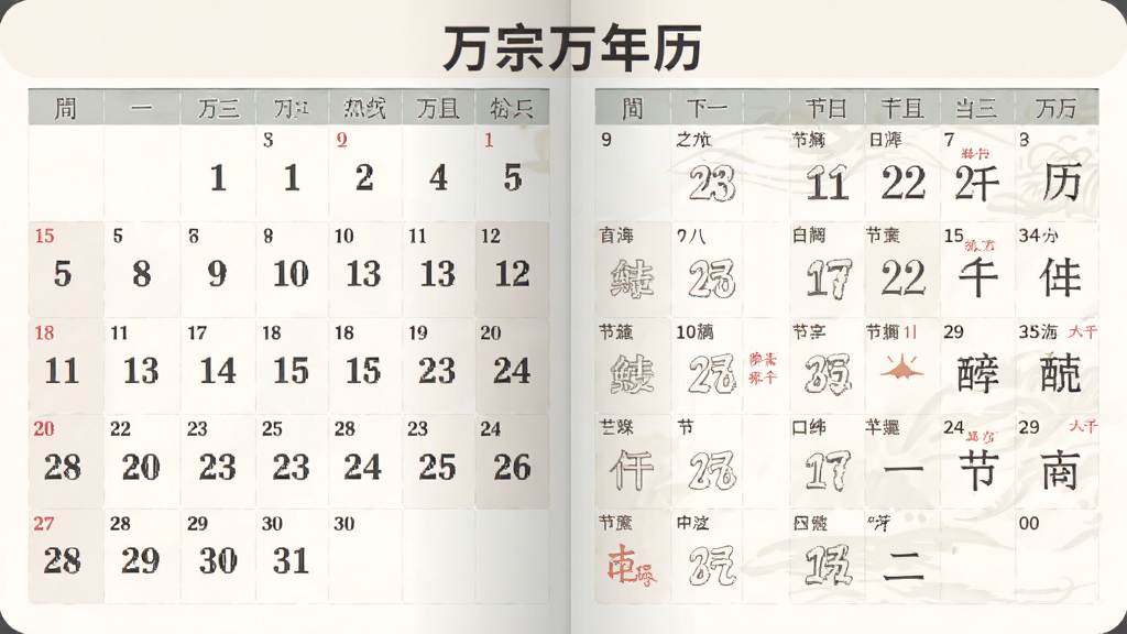 一张横向展开的日历页面截图,左侧显示公历月份日期,右侧对应显示农历日期与节气标注,页面顶部有