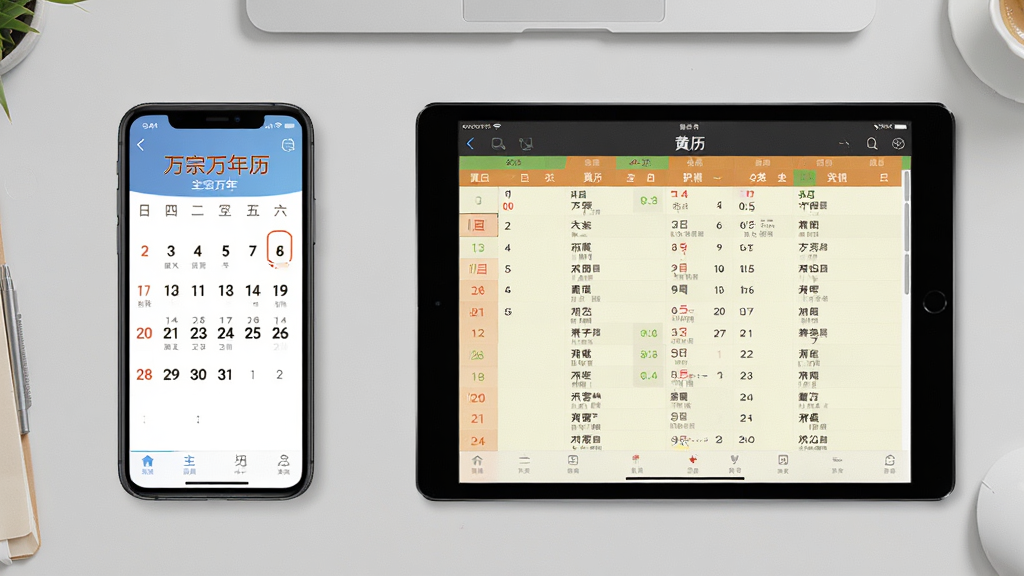 万宗万年历在手机与平板两种设备上的并排展示效果图,左侧为手机竖屏显示日历主界面,右侧为平板横屏显示黄历详情页,画面背景为浅灰色工作台,整体风格简洁商务,排版对比清晰,画质干净明亮,无多余元素