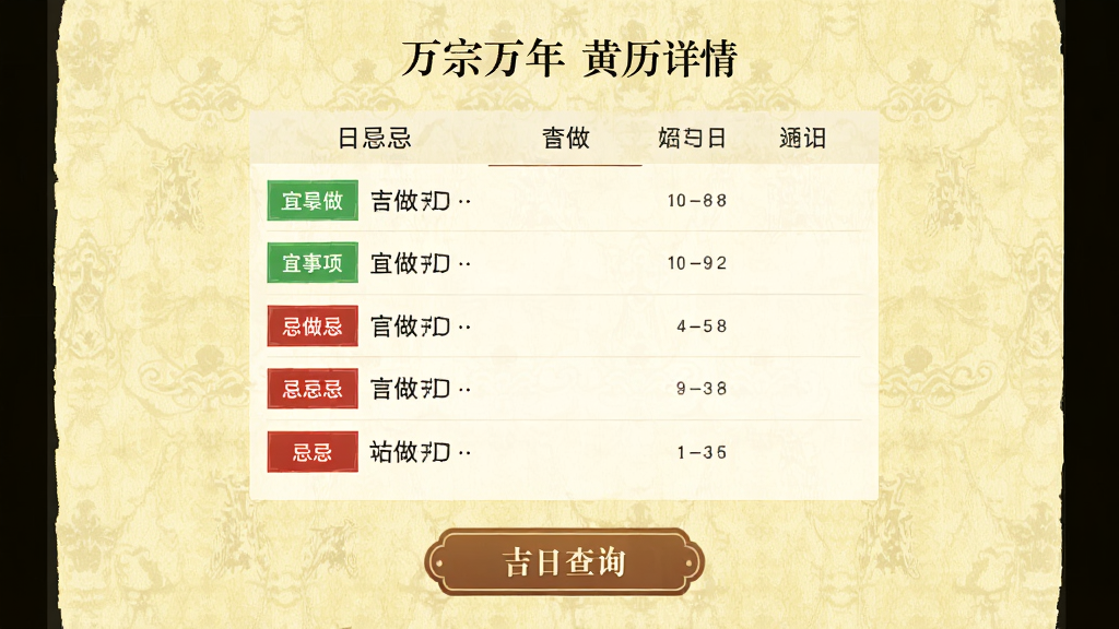万宗万年历黄历详情页面,中央显示当日宜忌列表,宜做事项用绿色标注,忌做事项用红色标注,页面下方有吉日查询入口按钮,背景为浅黄色宣纸纹理,风格古朴典雅,排版层次分明,画质干净清晰