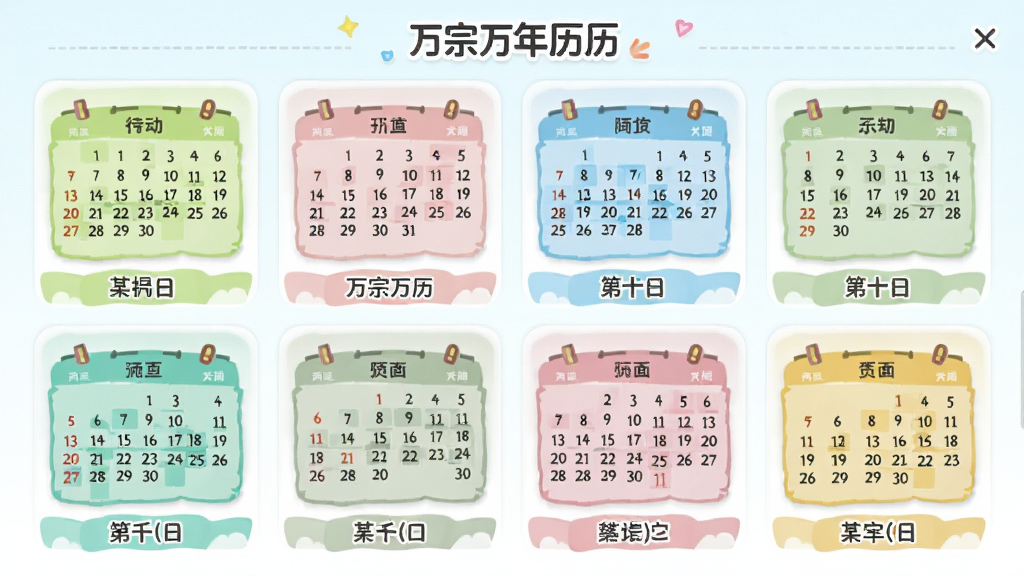 万宗万年历主题皮肤选择界面,画面中展示多款不同颜色的日历主题缩略图,包括浅绿、淡粉、天蓝等配色,每款主题下方有名称标签,整体布局为网格排列,风格清新活泼,排版整齐有序,画质干净明亮