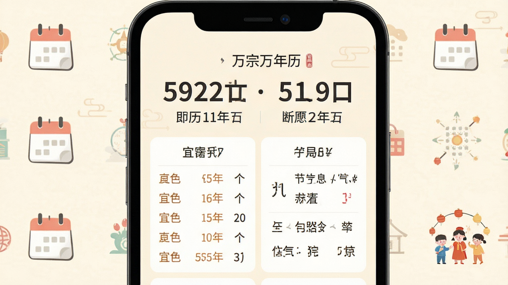 手机屏幕中央展示万宗万年历主界面,上方大字显示公历日期和农历日期,下方排列宜忌条目与节气信息,背景为柔和的米白色调,四周点缀简约日历图标与节气插画,整体风格清新简洁,排版清晰有序,画质干净明亮,无多余元素