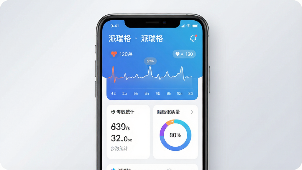 一张展示派瑞格应用主界面的手机样机图,画面中央是一部现代智能手机,屏幕上显示着派瑞格的健康数据仪表盘,包含心率曲线、步数统计和睡眠质量圆环图表,界面采用蓝白渐变配色,风格简洁现代,背景为柔和的浅灰色渐变,光线明亮均匀,画质清晰干净,无多余元素,图片中可带有