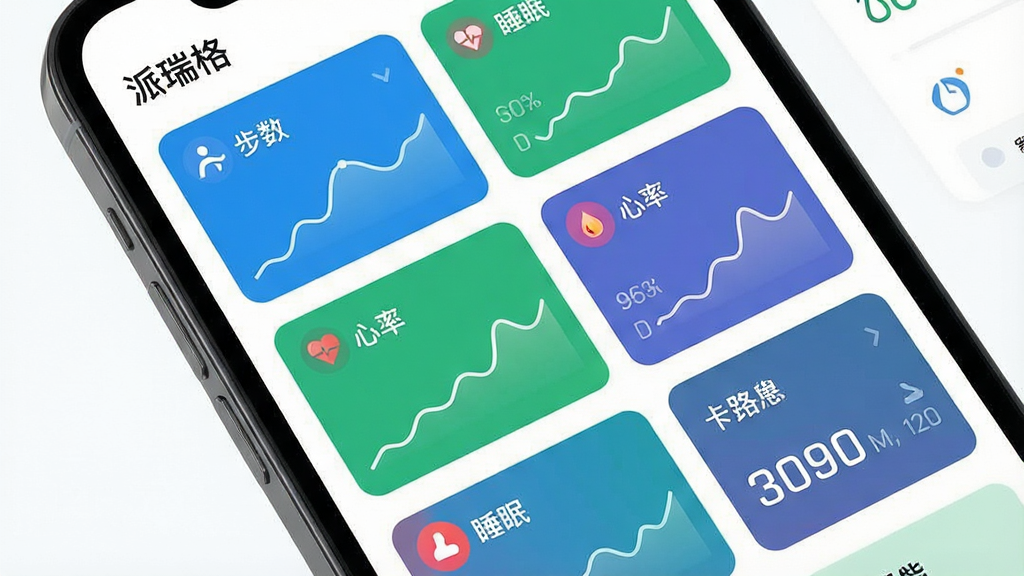 一张展示派瑞格健康数据看板功能的界面截图,画面中心为手机屏幕特写,屏幕上排列着多个彩色数据卡片,分别显示步数、心率、睡眠和卡路里数据,每张卡片配有简洁的图标和折线图,界面风格清爽,采用蓝色和绿色为主色调,背景为纯白色,画质清晰干净,无多余元素,图片中带有