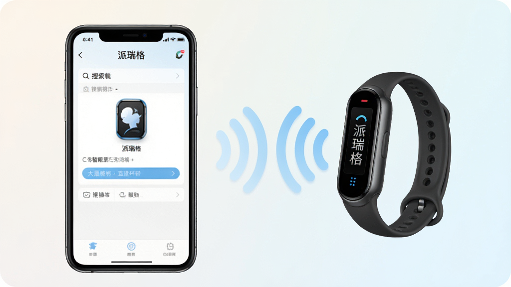一张展示派瑞格与智能手环蓝牙连接过程的示意图,画面左侧为手机屏幕显示派瑞格的设备搜索界面,右侧为一只智能手环,两者之间用淡蓝色无线信号波纹连接,背景为柔和的浅色渐变,风格科技简洁,画质清晰干净,无多余元素,图片中带有