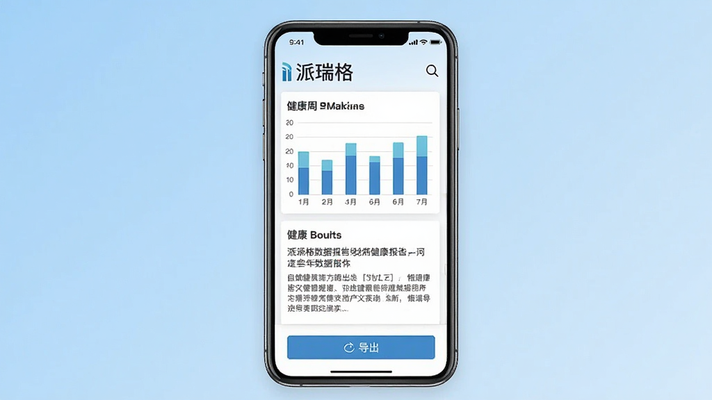 一张展示派瑞格数据报告导出功能的界面图,手机屏幕上显示一份健康周报,包含柱状图和文字总结,屏幕下方有导出按钮,背景为淡蓝色渐变,风格专业简洁,画质清晰干净,无多余元素,图片中带有
