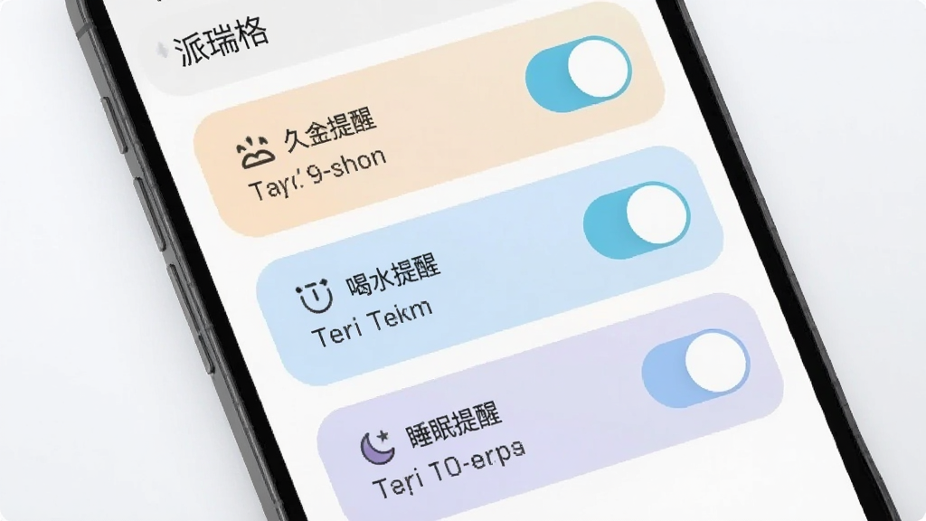 一张展示派瑞格提醒设置界面的手机截图,屏幕上显示着多个提醒开关和定时选项,包括久坐提醒、喝水提醒和睡眠提醒,界面采用圆角卡片设计,配色柔和,背景干净整洁,画质清晰,无多余元素,图片中带有