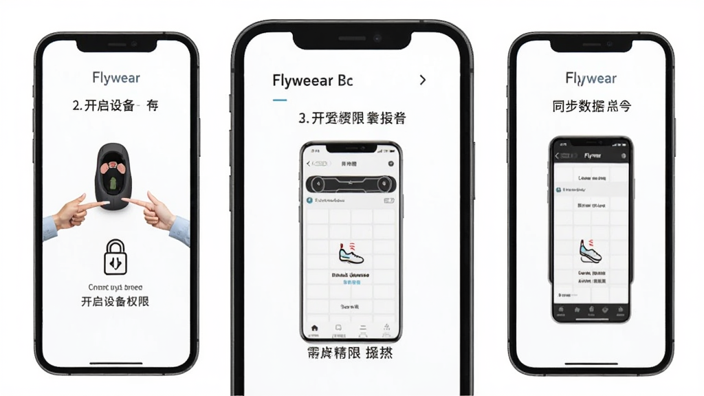 一张展示Flywear新手操作指引的图片,画面为手机屏幕分步骤展示连接设备、开启权限、同步数据的操作流程,每一步配有小图标和简短文字说明,背景为纯白色,风格清晰简洁,画质清晰,干净,无多余元素