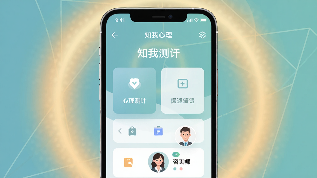 知我心理APP主界面展示,手机屏幕中呈现柔和的蓝绿色调心理测评页面,背景为抽象的温暖光晕与几何线条,主体为手机正视图,布局居中,排版简洁清晰,风格为现代扁平化UI设计,细节包含卡片式功能入口和咨询师头像,画质高清,干净,无多余元素