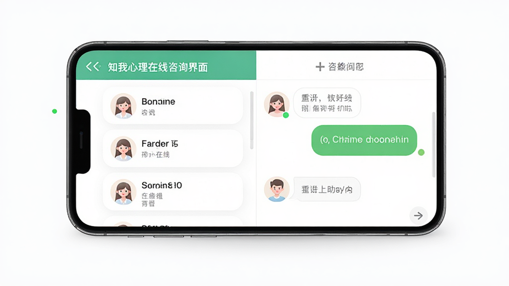 知我心理在线咨询界面,手机屏幕显示咨询师列表与聊天对话框,主体为手机侧视图,布局左右分栏,排版清晰,风格为清新简约的移动端界面,细节包含绿色在线状态标识和温柔的头像图标,画质高清,干净,无多余元素