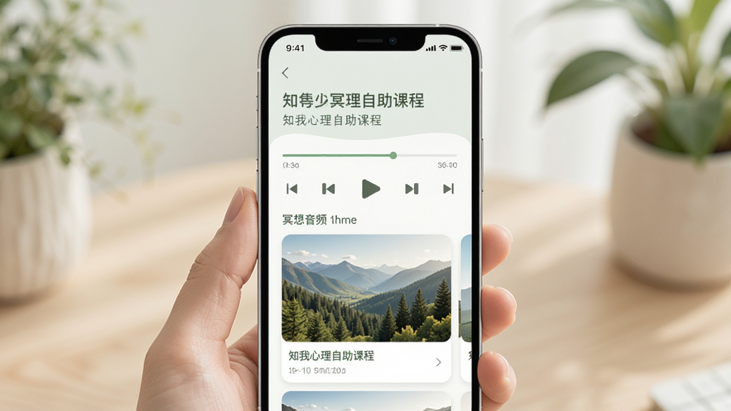 知我心理自助课程页面,手机屏幕展示冥想音频播放界面与课程卡片,主体为手机正视图,布局上下结构,排版宽松,风格为柔和治愈系配色,细节包含播放进度条和自然风景缩略图,画质高清,干净,无多余元素