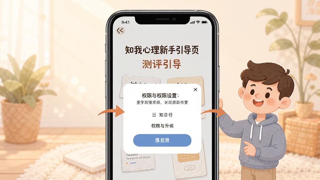 知我心理新手引导页面,手机屏幕显示测评引导与权限设置弹窗,主体为手机正视图,布局居中,排版清晰,风格为友好温馨的插画风,细节包含引导箭头和卡通人物,画质高清,干净,无多余元素