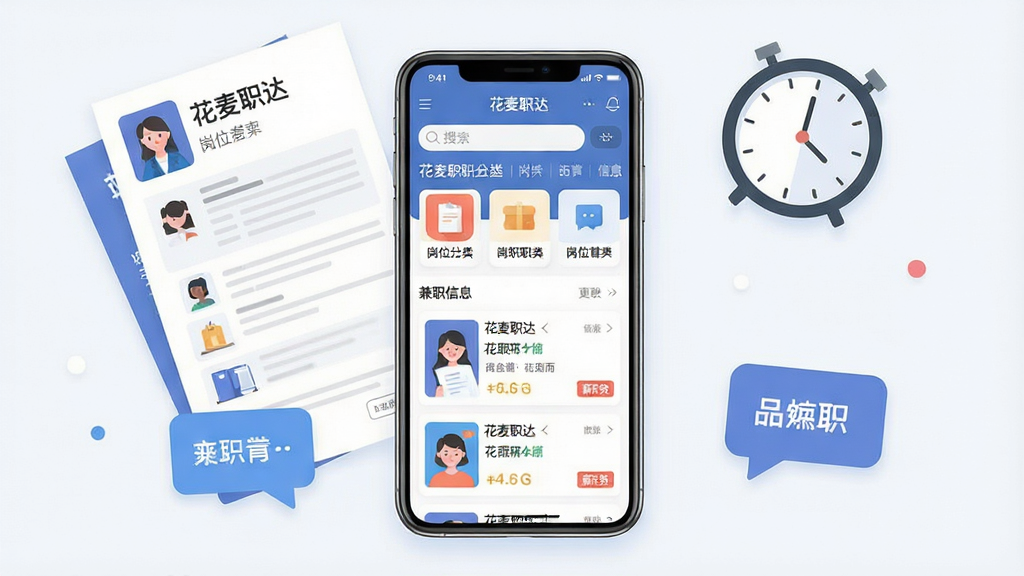 一张展示花麦职达手机应用界面的场景图,画面中央是一部竖屏智能手机,屏幕显示花麦职达APP首页,包含搜索框、岗位分类图标和兼职信息列表,手机周围散落着简历、时钟和对话气泡等元素,整体布局简洁明快,排版以手机为视觉中心,风格为现代扁平化科技风,细节上突出APP界面中的职位卡片和薪资标签,画质清晰干净,无多余元素。