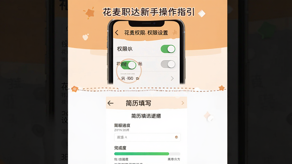 一幅花麦职达新手操作指引的信息图,画面分为上下两部分,上半部分展示手机权限设置界面,下半部分展示简历填写页面,中间用虚线分隔,背景为浅橙色与白色搭配,布局为纵向分栏排版,风格为教程图解风,细节上突出权限开关和简历完成度进度条,画质清晰干净,无多余元素。