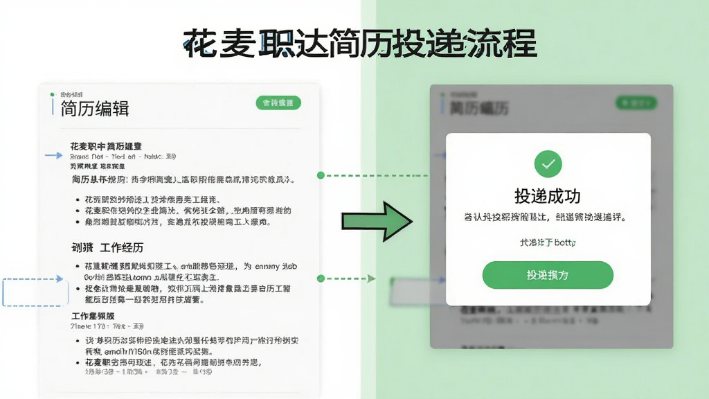 一幅展示花麦职达简历投递流程的图示,画面左侧为简历编辑页面,右侧为投递成功提示弹窗,中间用箭头连接,背景为白色与浅绿色搭配,布局为左右分栏排版,风格为商务简洁风,细节上突出简历中的工作经历模块和投递按钮,画质干净清晰,无多余元素。