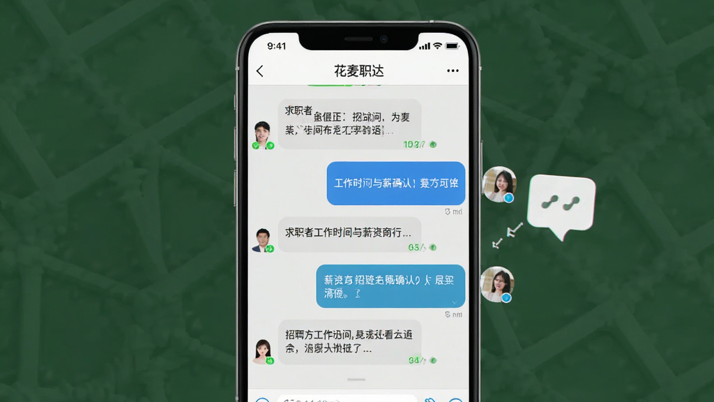 一张花麦职达在线聊天界面的示意图,画面展示手机聊天窗口,左侧为求职者发出的消息气泡,右侧为招聘方回复气泡,聊天内容涉及工作时间与薪资确认,手机旁有对话图标点缀,布局以聊天界面为视觉焦点,风格为简约社交应用风格,细节上体现消息已读状态和头像,画质清晰干净,无多余元素。