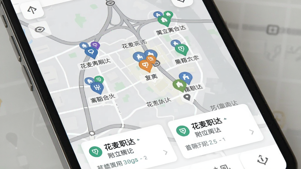 一张展示花麦职达附近岗位地图模式的图片,画面为手机屏幕显示地图界面,地图上分布着多个岗位标记点,底部有岗位简要信息卡片,背景为淡灰色地图底图,布局以地图为主体,风格为现代LBS应用风格,细节上体现距离标注和岗位类型图标,画质清晰干净,无多余元素。