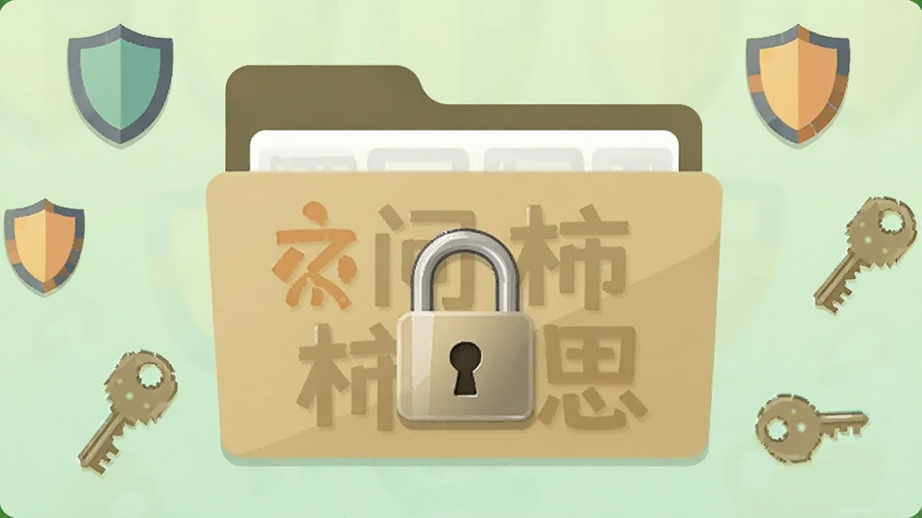 画面主体是一个带锁的文件夹图标,文件夹表面印有“问柿三思”标志,周围有盾牌和钥匙的小图标环绕,背景为浅绿色柔和渐变,采用扁平化图标设计风格,细节上锁扣有金属光泽,画质清晰干净,无多余元素