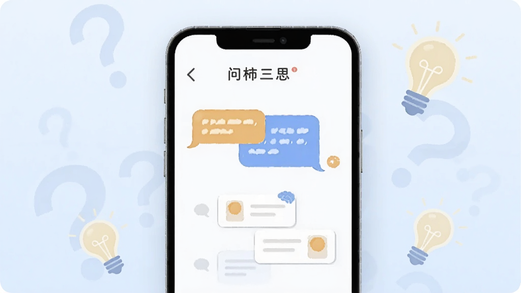 画面中央是一部竖屏智能手机,手机屏幕内显示“问柿三思”应用主界面,界面包含对话气泡和思维卡片元素,手机周围环绕着半透明的问号与灯泡图标,背景为柔和的浅蓝色渐变,整体采用扁平化插画风格,细节上手机边缘有轻微阴影,画质清晰干净,无多余元素