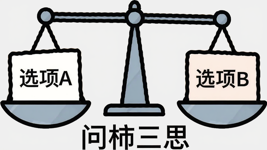 画面中央是一个天平图标,天平两端分别放着写有“选项A”和“选项B”的卡片,天平下方有“问柿三思”字样,背景为淡灰色极简风格,采用扁平矢量插画,细节上天平有轻微倾斜,画质干净清晰,无多余元素