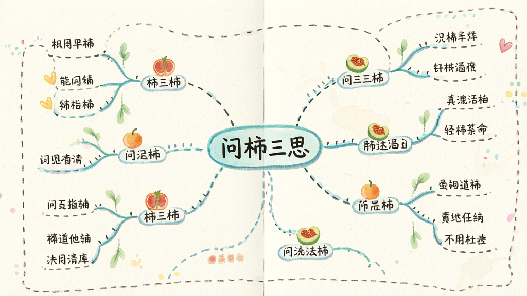 画面展示一张展开的思维导图,中心节点标注“问柿三思”,向外延伸出多个分支节点,节点上带有小图标和简短文字,背景为米白色纸张质感,采用手绘水彩风格,细节上节点之间有虚线连接,画质清新干净,无多余元素