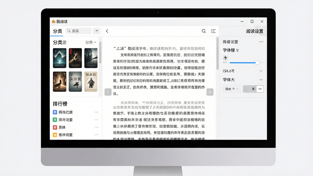 酷阅读软件主界面全貌展示,主体为电脑屏幕中打开的酷阅读小说阅读器窗口,布局左侧为分类书架与排行榜,中间为正在阅读的小说正文页面,右侧为阅读设置面板,排版整齐清晰,风格为现代简约扁平化设计,细节包含书架封面、翻页按钮、亮度调节滑块、字体大小选项,画质高清,画面干净,无多余元素
