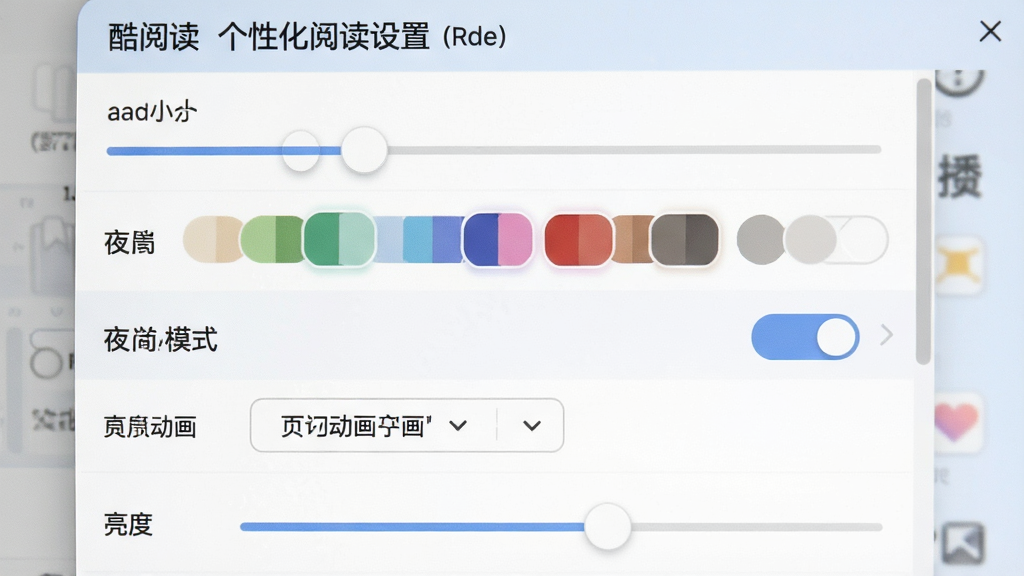 酷阅读个性化阅读设置界面,主体为软件设置面板特写,布局为纵向排列的选项列表,排版清晰,风格为柔和浅色系UI,细节包含字体大小滑块、背景颜色色块、夜间模式开关、翻页动画下拉菜单、亮度调节条,画质高清,画面干净,无多余元素
