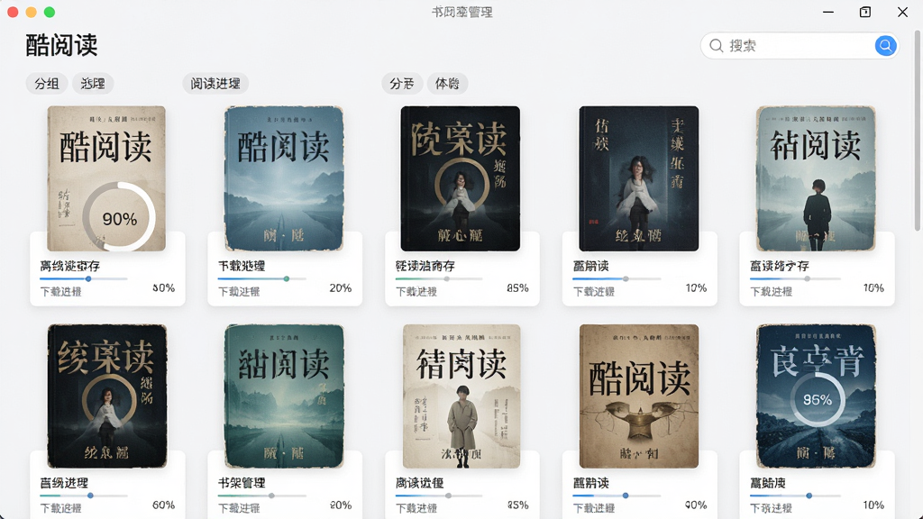 酷阅读离线缓存与书架管理界面,主体为软件书架页面,布局为网格状书籍封面排列,排版整齐,风格为清新素雅卡片式设计,细节包含下载进度条、分组标签、阅读进度百分比、搜索框,画面中显示文字“酷阅读”,画质高清,画面干净,无多余元素