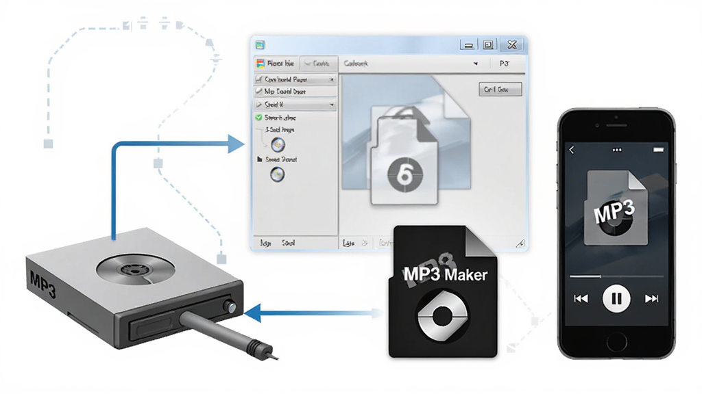 CD to MP3 Maker 使用技巧示意图,画面展示电脑光驱与软件界面配合操作,旁边有MP3文件图标和手机播放界面,风格为信息图解风格,细节包括光驱、软件窗口、MP3文件、手机图标,画质清晰,干净,无多余元素